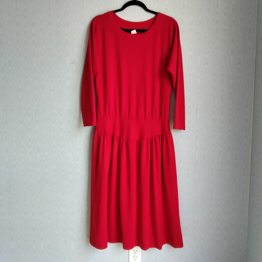 Vintage 80s Women's L/XL Drop Waist Dolman Sleeve Wool Blend Sweatshirt Midi Red